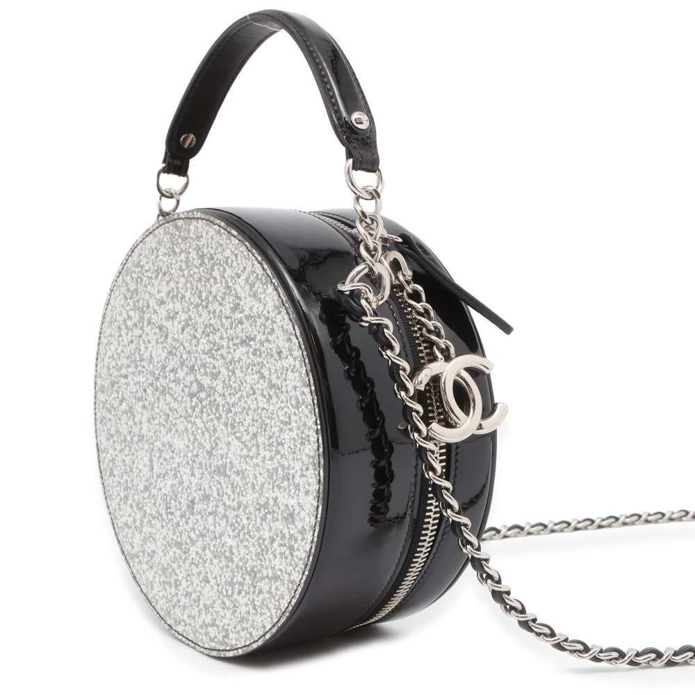 CHANEL Round Glitter 2WAY Shoulder Bag Silver Patent Leather Leather