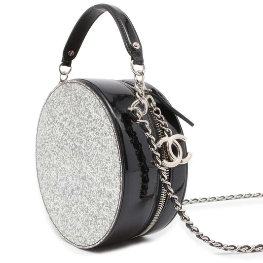 CHANEL Round Glitter 2WAY Shoulder Bag Silver Patent Leather Leather