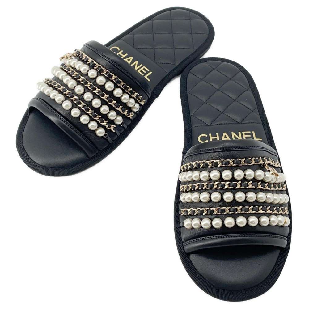 Chanel PearlChain Sandals Black G36005 Leather Size XS