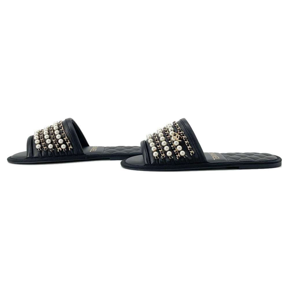 Chanel PearlChain Sandals Black G36005 Leather Size XS
