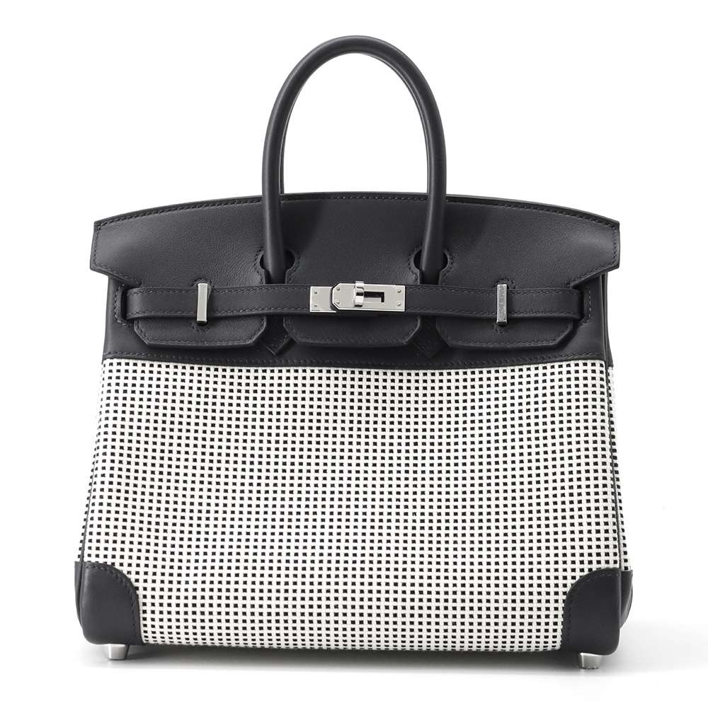 HERMES Birkin Caban/Black/White/Ecru Toile Cadrille Swift Leather Size 25