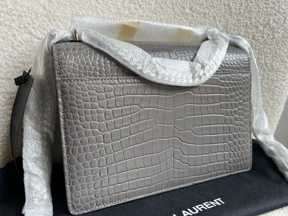 Yves Saint Laurent (YSL) Grey Croc Medium Sunset with Silver Hardware