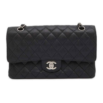 CHANEL Matelasse Double Chain Double Flap Shoulder Bag Black A01112 Caviar Leather Size 25