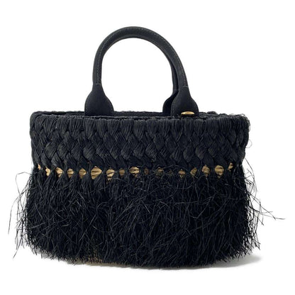 PRADA Basket Bag Black 1BG089 Raffia Canvas