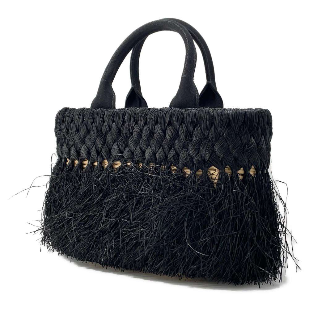 PRADA Basket Bag Black 1BG089 Raffia Canvas