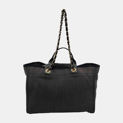 Chanel Deauville Tote Medium Navy Denim Top Handle Leather Chain Straps
