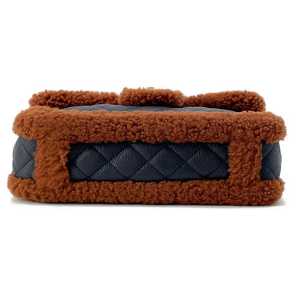 CHANEL Matelasse Single Flap Chain Shoulder Bag Dark Navy/Brown Leather Mouton