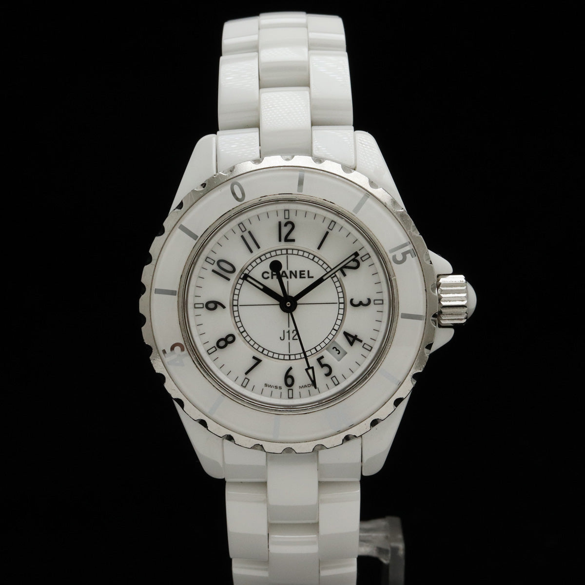 Chanel J12 White Ceramic White 33mm Date Lady QZ Quartz Watch H0968