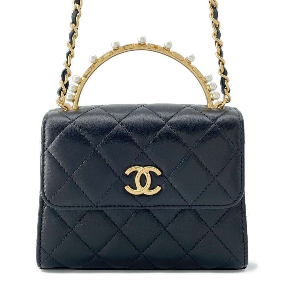 Chanel Matelasse Pearl Logo Top Handle ChainShoulder Bag Black AP3513 Lambskin