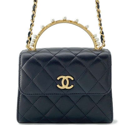 Chanel Matelasse Pearl Logo Top Handle ChainShoulder Bag Black AP3513 Lambskin