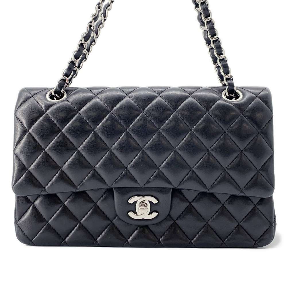 CHANEL Matelasse W Flap ChainShoulder Bag Black A01112 Lambskin Size 25