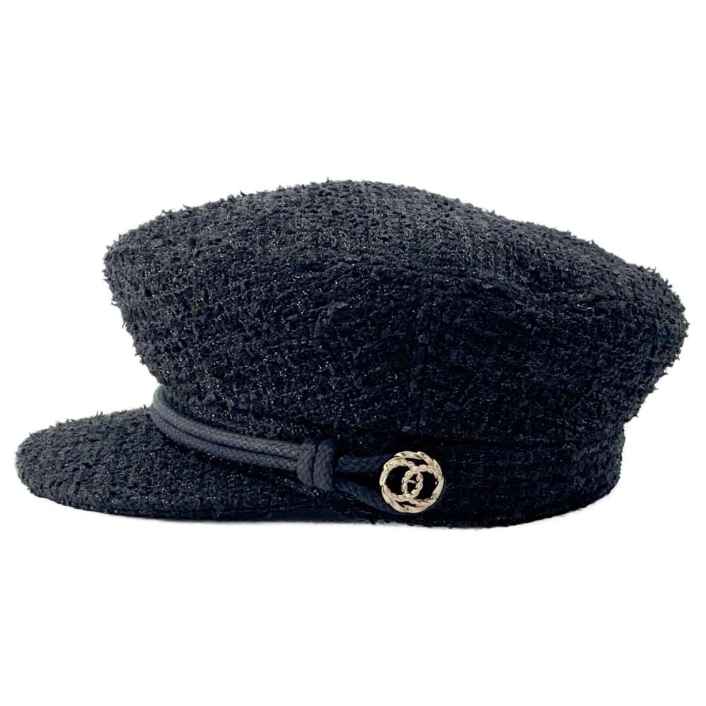 Chanel Tweed Cap Size M Black Nylon32%  Cotton24%  Rayon19%  Polyester13%  Acryl12%