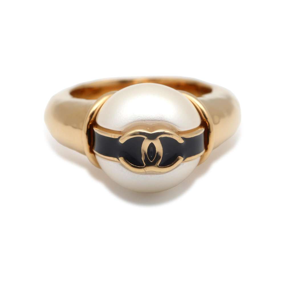 Chanel CC Logo Pearl Ring Size 53 ABD289 Metal Faux Pearl