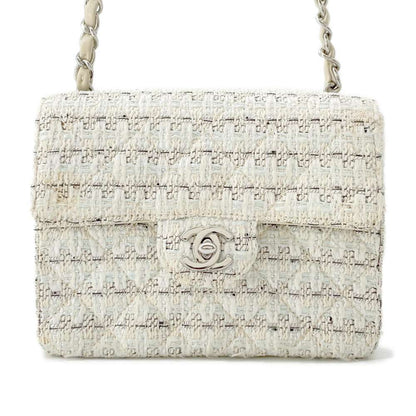 CHANEL Matelasse Single Flap ChainShoulder Bag White/Black/Blue Tweed Size Mini