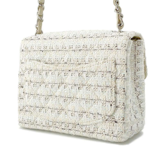 CHANEL Matelasse Single Flap ChainShoulder Bag White/Black/Blue Tweed Size Mini