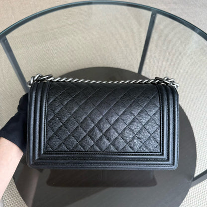 Chanel Boy Medium - Caviar 25CM Quilted Black Ruthenium Silver Hardware Series 23