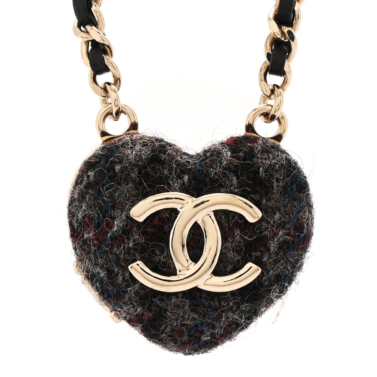 Tweed Lambskin CC Heart Locket Necklace Gold Black Beige