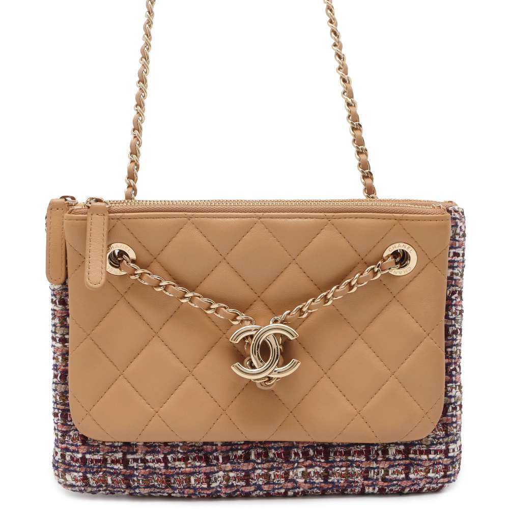 Chanel Matelasse Chain ShoulderPouch Beige/Multicolor AP1074 Leather Tweed
