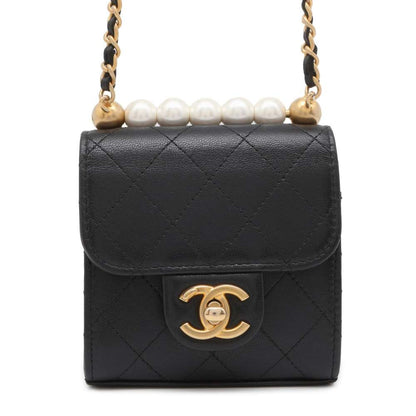 CHANEL Matelasse Pearl ChainShoulder Bag Black Leather