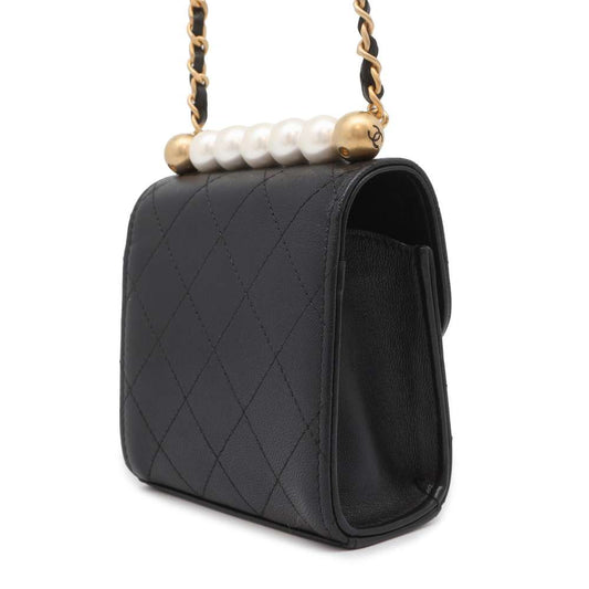 CHANEL Matelasse Pearl ChainShoulder Bag Black Leather