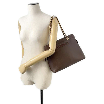 CHANEL Logo Chain Tote Bag Brown A08913 Caviar Leather
