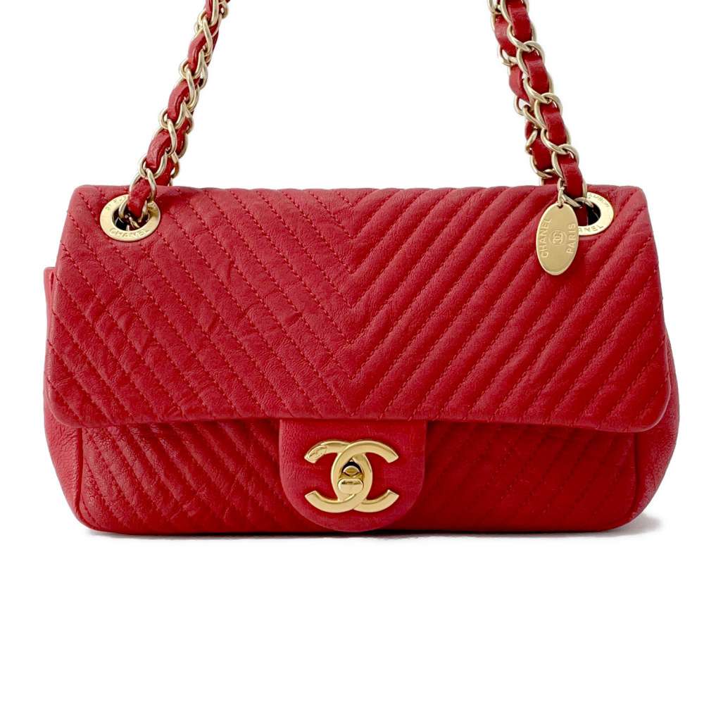 CHANEL Chevron Double Chain Shoulder Bag Red A92087 Leather