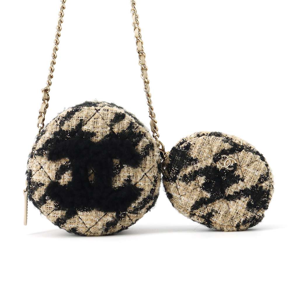 Chanel CC Logo Round ChainShoulder Beige/Black AP0986 Tweed Boa