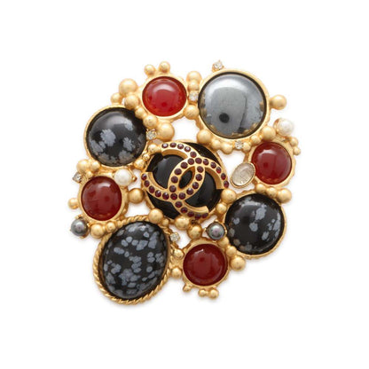 Chanel CC Logo Color Stone Brooch Gold/Black/Red Metal