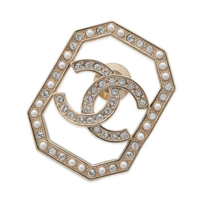 Chanel CC Logo Faux Pearl Brooch Champagne Gold Gold Plated