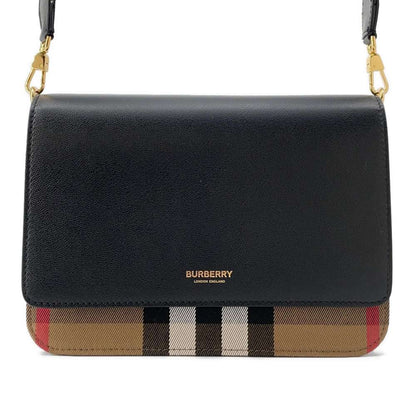 BURBERRY Check Flap Shoulder Bag Black/Beige Leather