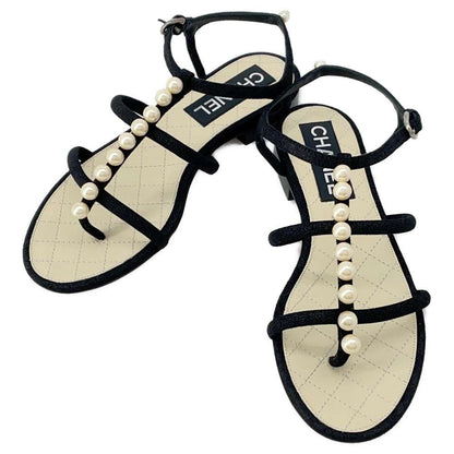Chanel Pearl Sandals Black/Beige suede Size 36C