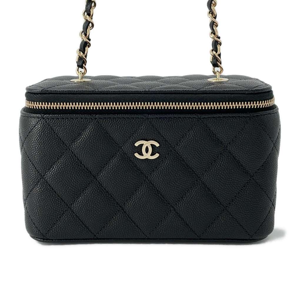 CHANEL Matelasse Chain Vanity Shoulder Bag Black AP1341 Caviar Leather Size PM