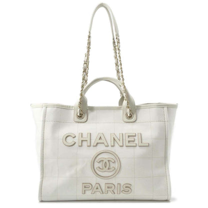 CHANEL Deauville Tote Bag White A66941 Canvas Leather Size GM