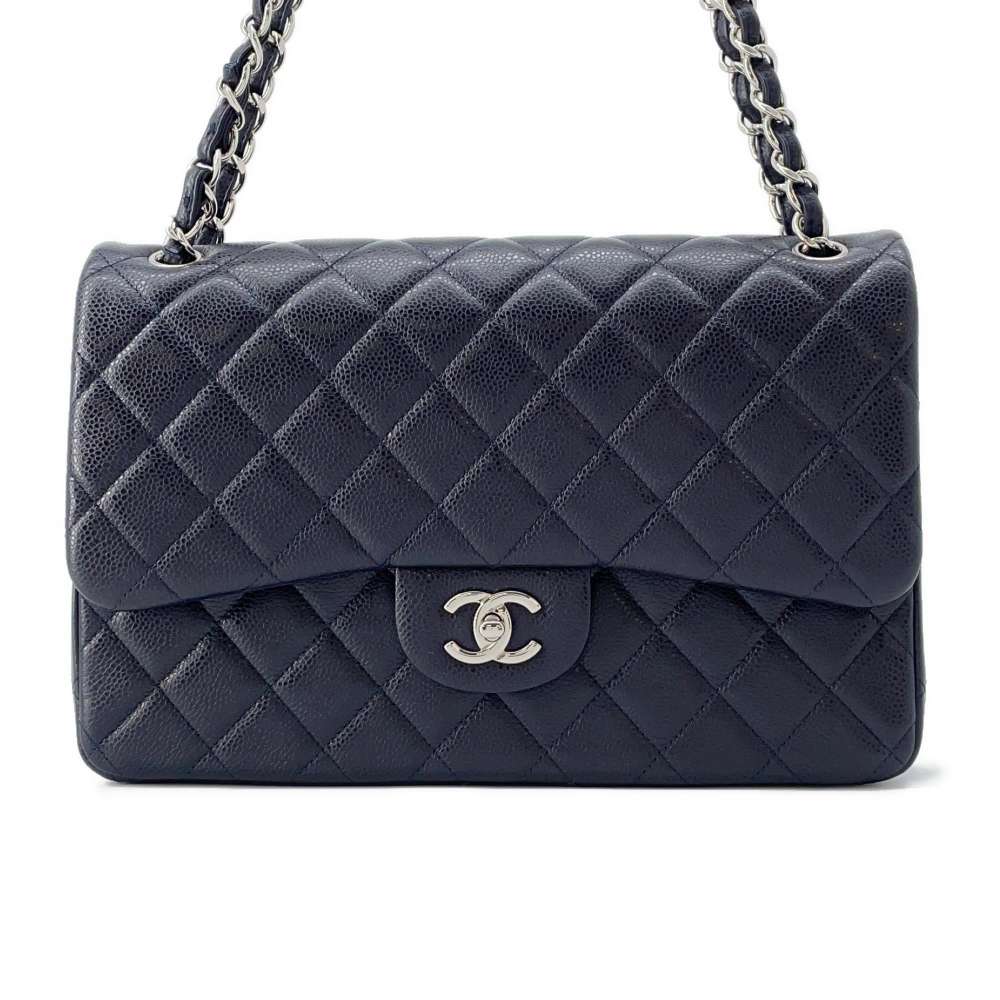 Chanel Matelasse W Flap ChainShoulder Bag Navy A58600 Caviar Leather Size 30