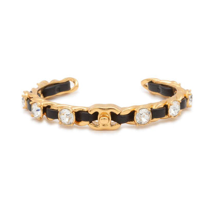 CHANEL CC Logo/Rhinestone Chain Motif Bangle Size S Gold/Black AB4267 Metal Leather Rhinestone