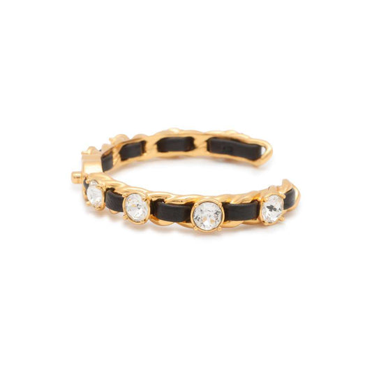 CHANEL CC Logo/Rhinestone Chain Motif Bangle Size S Gold/Black AB4267 Metal Leather Rhinestone