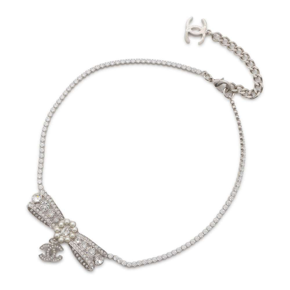 Chanel CC Logo Ribbon Motif Necklace ABB038 Metal Faux Pearl  Rhinestone