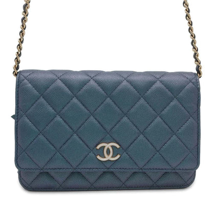 CHANEL Matelasse Chain wallet Metalic Blue A33814 Caviar Leather