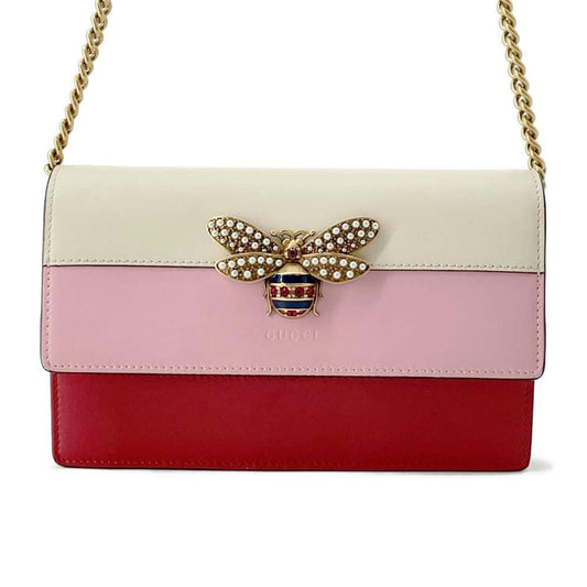 GUCCI Queen Margaret Bee Chain Wallet Pink/Red/White 476079 Leather