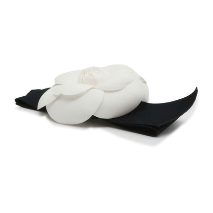 CHANEL Camellia Ribbon Brooch White/Black AA9146 Nylon Satin