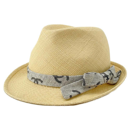 Chanel CC Logo Ribbon Straw Hat Size M Beige/Gray Straw Cotton