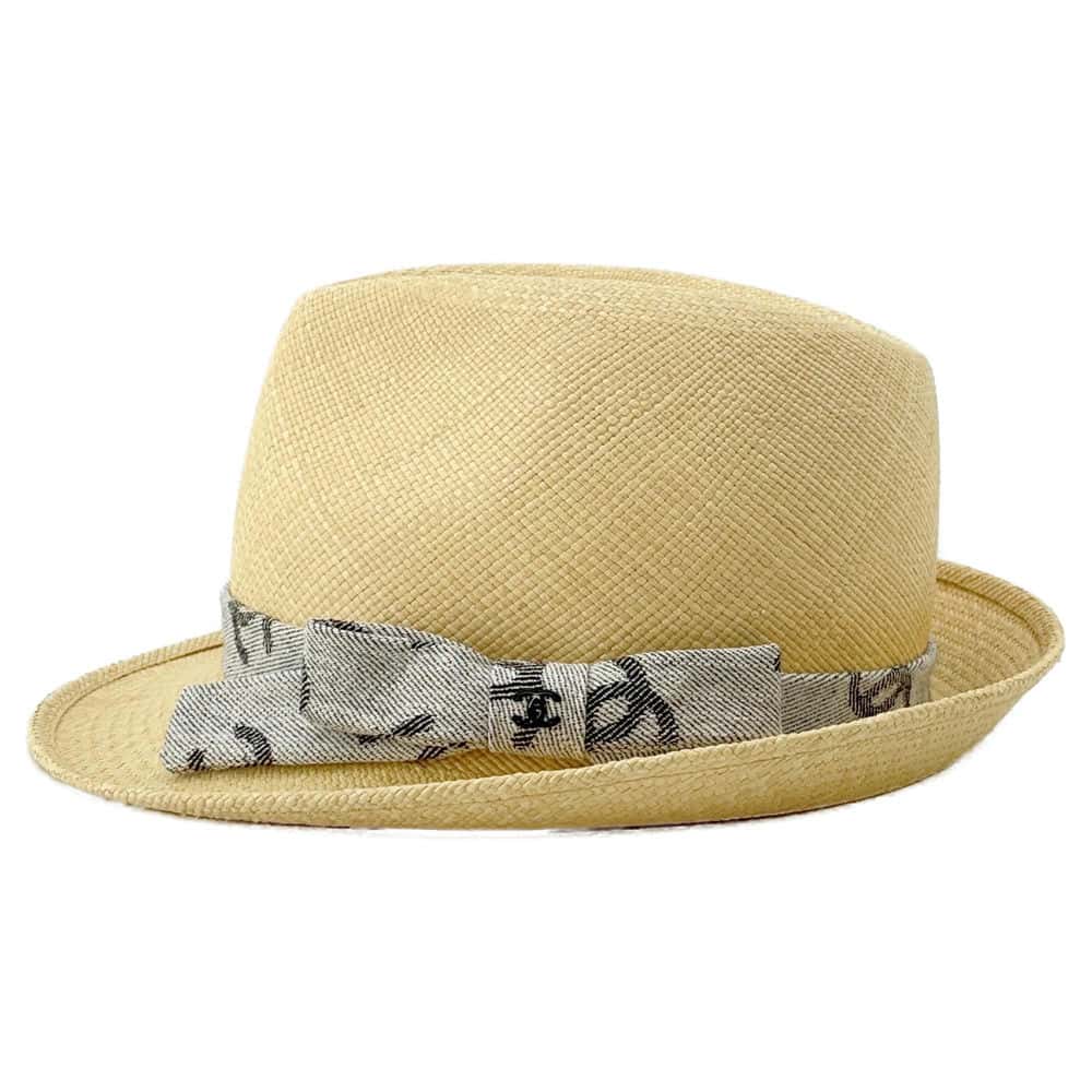 Chanel CC Logo Ribbon Straw Hat Size M Beige/Gray Straw Cotton