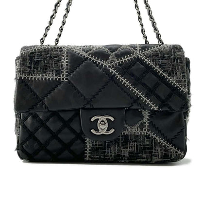 Chanel CC Logo Patchwork ChainShoulder Bag Black/Gray Lambskin Tweed