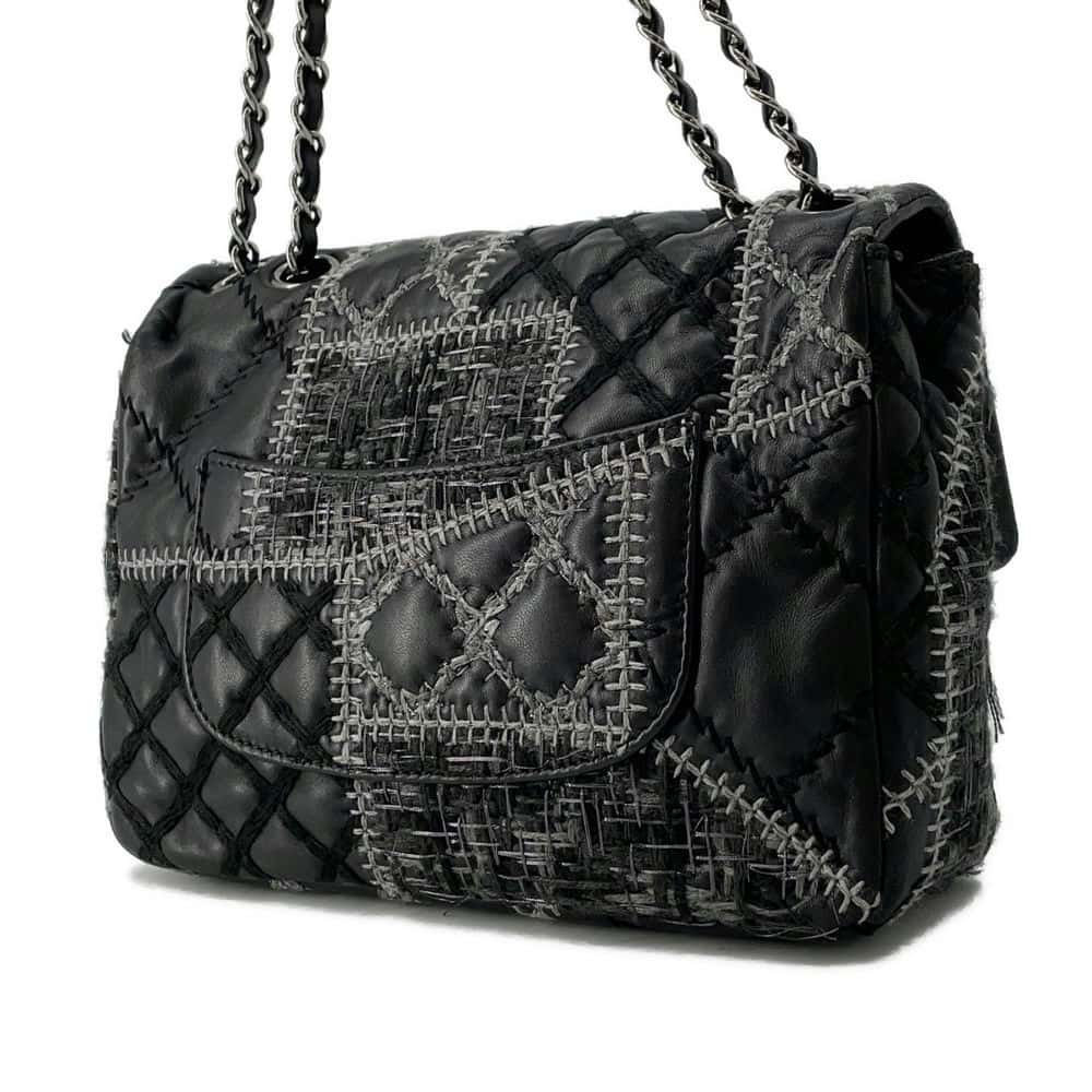 Chanel CC Logo Patchwork ChainShoulder Bag Black/Gray Lambskin Tweed