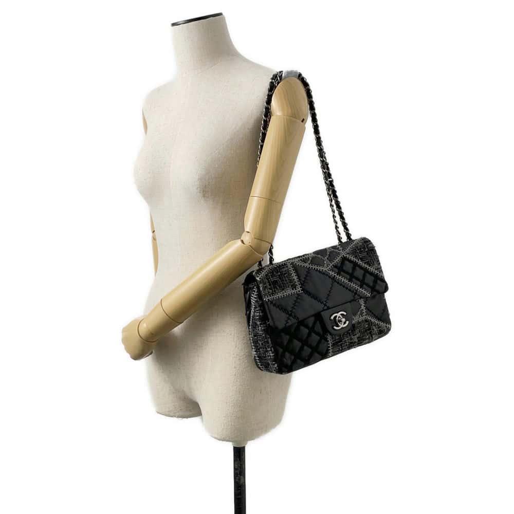 Chanel CC Logo Patchwork ChainShoulder Bag Black/Gray Lambskin Tweed