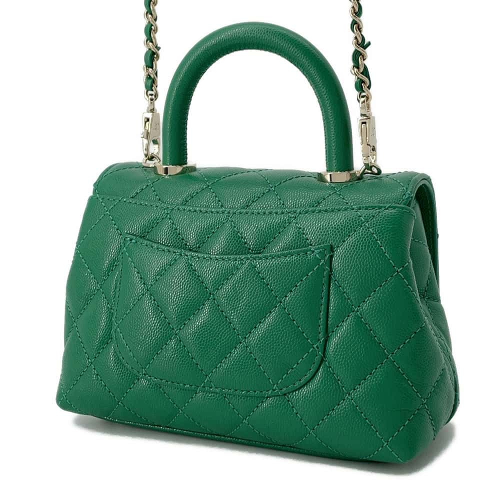 CHANEL CC Logo Top Handle Mini Flap Green AS2215 Caviar Leather Size XXS