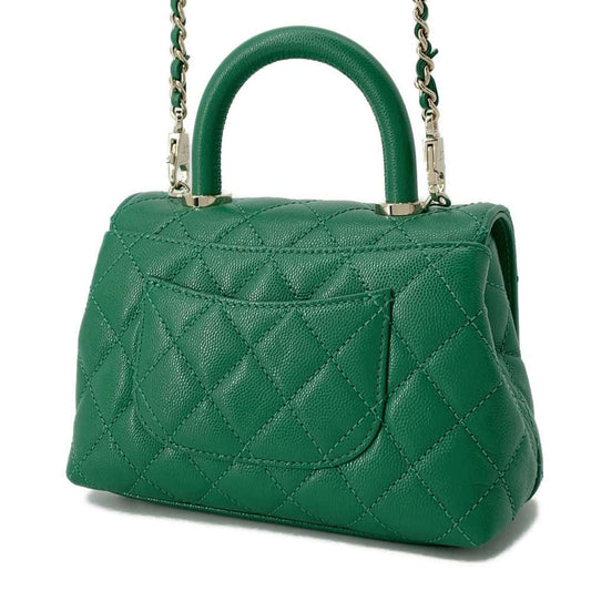 CHANEL CC Logo Top Handle Mini Flap Green AS2215 Caviar Leather Size XXS