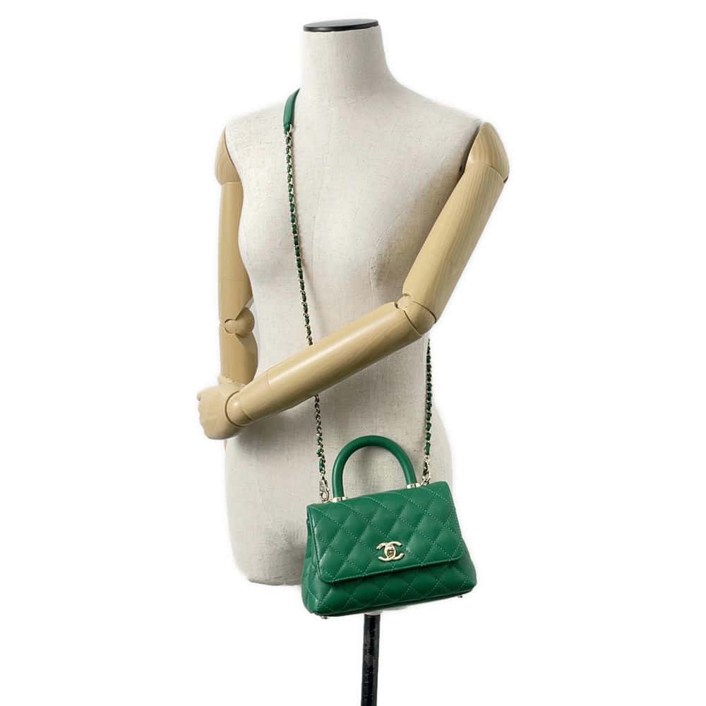 CHANEL CC Logo Top Handle Mini Flap Green AS2215 Caviar Leather Size XXS