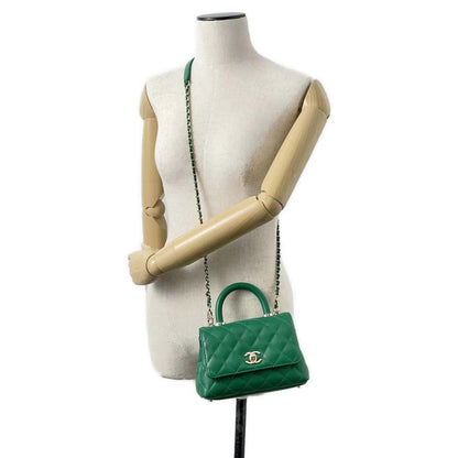 CHANEL CC Logo Top Handle Mini Flap Green AS2215 Caviar Leather Size XXS