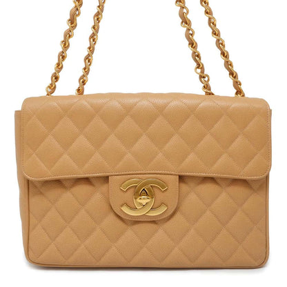 Chanel Jumbo Matelasse ChainShoulder Bag Beige A04412 Caviar Leather Size 30
